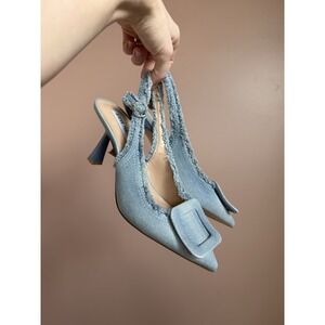 Steve Madden Light Blue Denim Fringe Buckle Slingback Heels Pointed Toe
